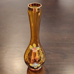 Vintage Nasco Amber Glass Vase with Floral Design